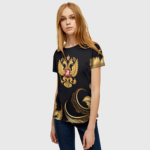 Женская футболка Золотой герб России и объемные листья / 3D-принт – фото 3
