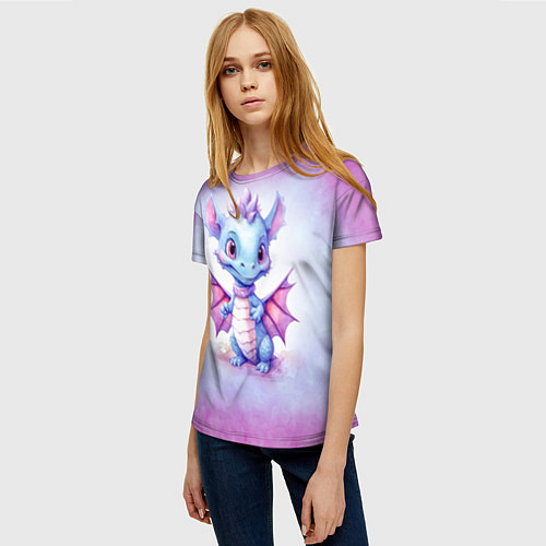 Женская футболка Дракончик нарисованный акварелью / 3D-принт – фото 3