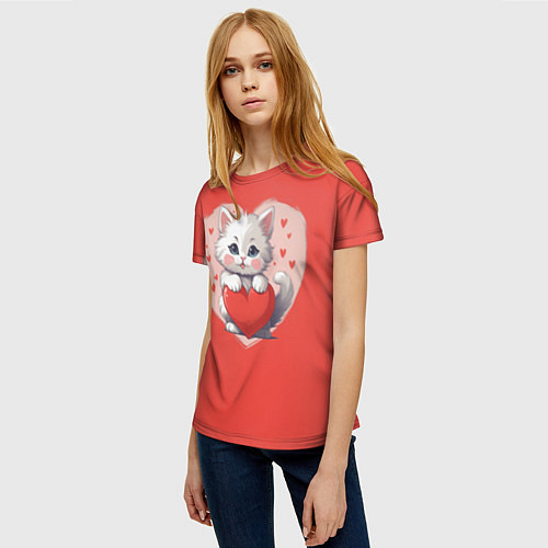 Женская футболка Мультяшный котенок держит красное сердечко / 3D-принт – фото 3