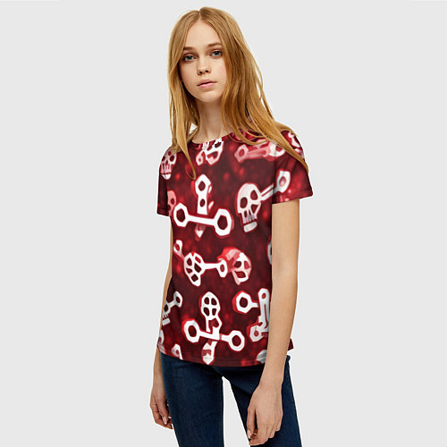 Женская футболка Белые черепки и кости на красном фоне / 3D-принт – фото 3