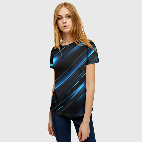 Женская футболка Черный абстрактный фон и синие неоновые вставки / 3D-принт – фото 3