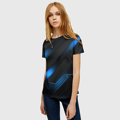 Женская футболка Синий неоновый яркий свет на черном абстрактном фо / 3D-принт – фото 3