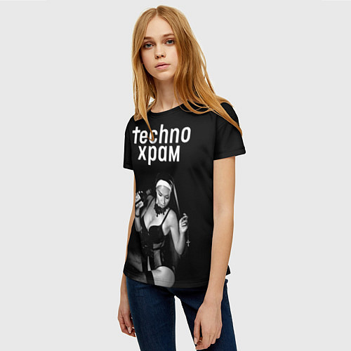 Женская футболка Techno храм монашка с бутылкой / 3D-принт – фото 3
