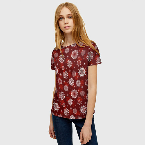Женская футболка Snowflakes on a red background / 3D-принт – фото 3