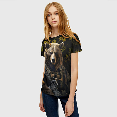 Женская футболка Медведь солдат в ночном лесу / 3D-принт – фото 3