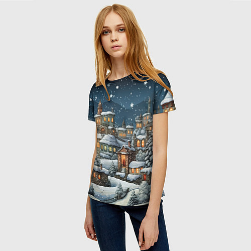Женская футболка Новогодний городок ночной / 3D-принт – фото 3