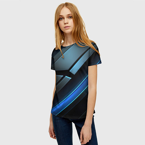 Женская футболка Черная абстракция с синим неоновым ярким свечением / 3D-принт – фото 3