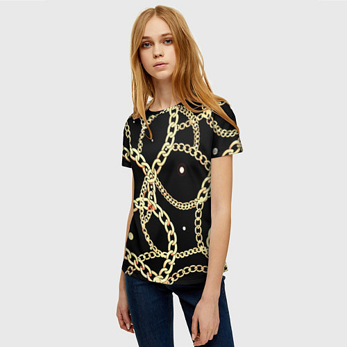 Женская футболка Золотые цепи на черном - ювелирные украшения патте / 3D-принт – фото 3