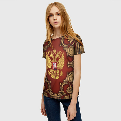 Женская футболка Золотой герб России на красном фоне лепнина / 3D-принт – фото 3