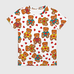 Футболка женская Мишки игрушки в свитерах и сердечки, цвет: 3D-принт