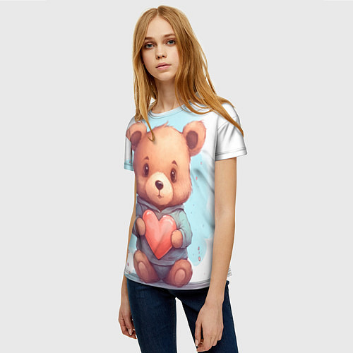 Женская футболка Плюшевый мишка держит сердечко / 3D-принт – фото 3