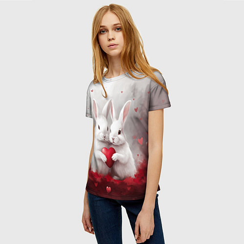 Женская футболка Белые кролики с сердцем / 3D-принт – фото 3