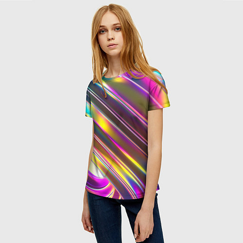 Женская футболка Неоновый скрученный металл разноцветный / 3D-принт – фото 3