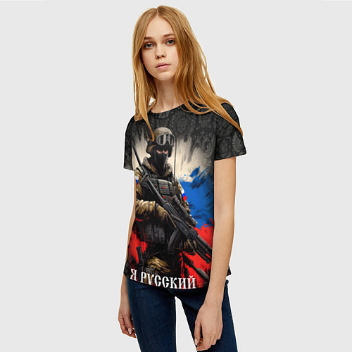 Женская футболка Солдат русский на фоне флага / 3D-принт – фото 3