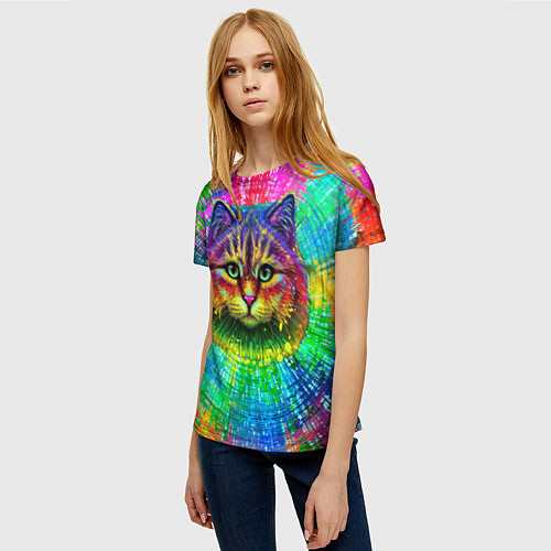 Женская футболка Цветной кот / 3D-принт – фото 3