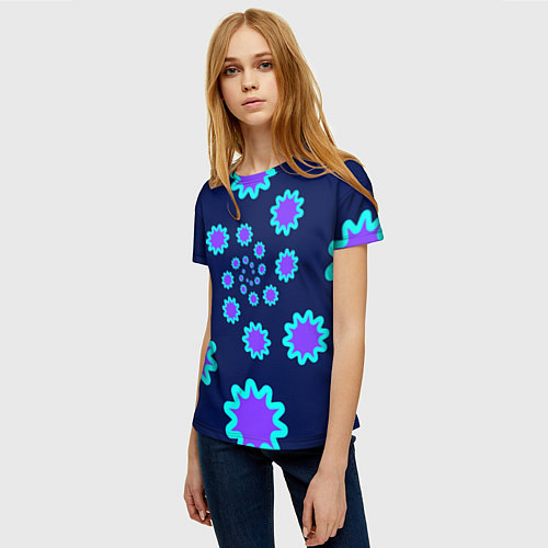 Женская футболка Спираль фиолетовых звезд с циан контуром на темном / 3D-принт – фото 3