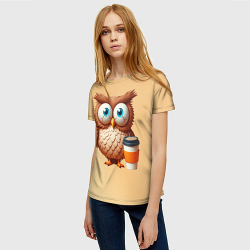 Женская футболка Растрепанная сова со стаканчиком кофе / 3D-принт – фото 3