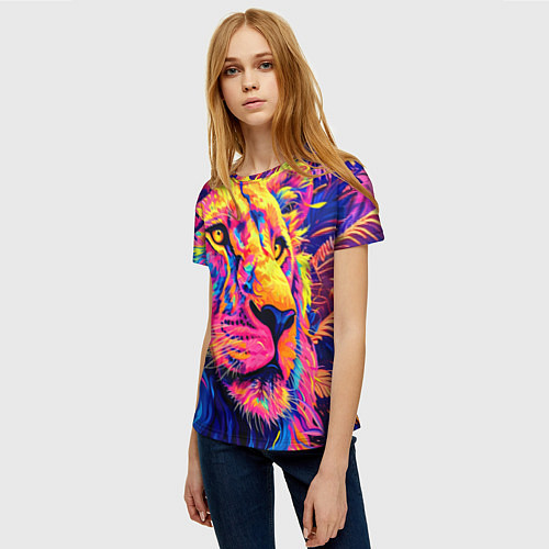 Женская футболка Лев светящийся неоновый / 3D-принт – фото 3