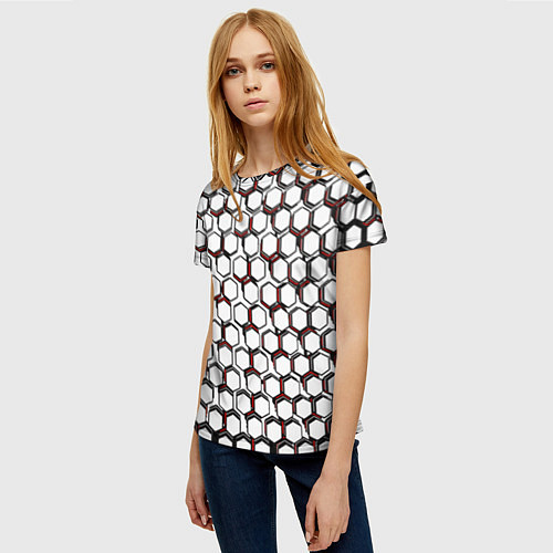 Женская футболка Киберпанк узор из шестиугольников красный / 3D-принт – фото 3
