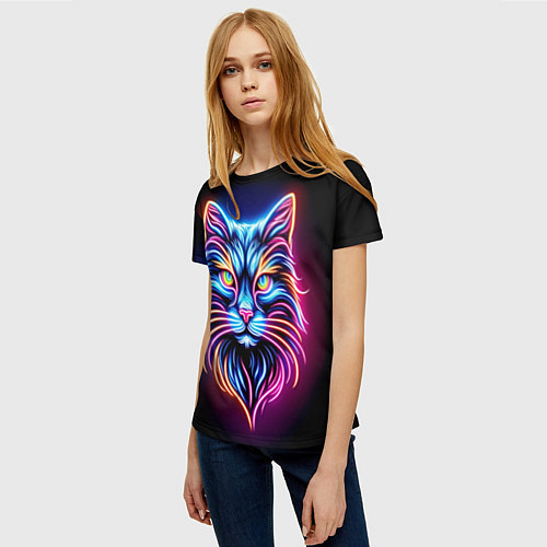 Женская футболка Суровый неоновый кот / 3D-принт – фото 3