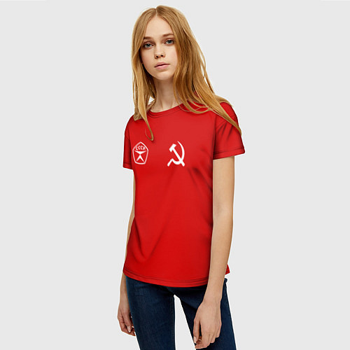 Женская футболка СССР гост три полоски на красном фоне / 3D-принт – фото 3