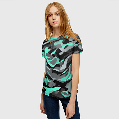 Женская футболка Серо-бирюзовый камуфляж / 3D-принт – фото 3