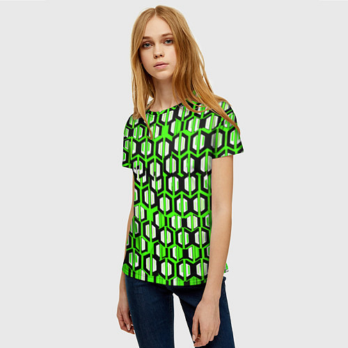 Женская футболка Техно узор из шестиугольников зелёный / 3D-принт – фото 3