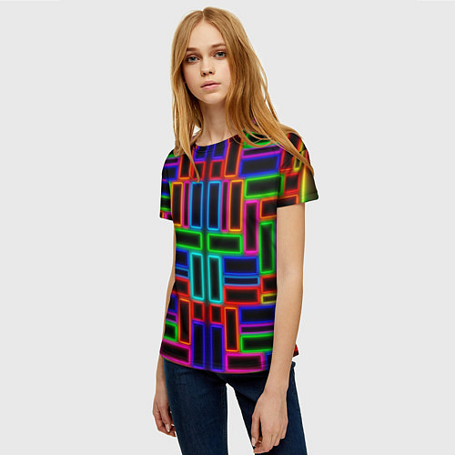 Женская футболка Цветные светящиеся прямоугольники / 3D-принт – фото 3