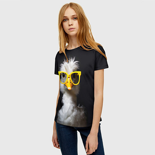 Женская футболка Белый гусь в желтых очках на черном фоне / 3D-принт – фото 3