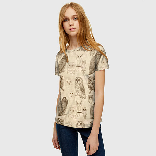 Женская футболка Эскизы сов тетрадный лист в клетку / 3D-принт – фото 3
