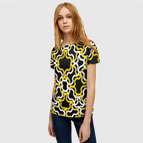Женская футболка Жёлто-белые полосы на чёрном фоне / 3D-принт – фото 3