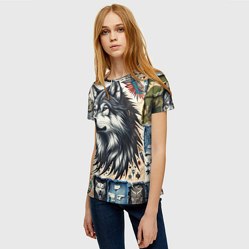 Женская футболка Волк на дениме Пэчворк / 3D-принт – фото 3