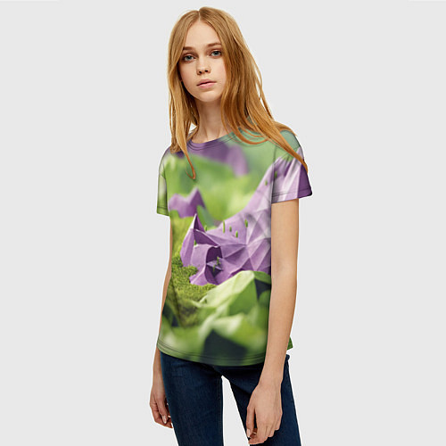 Женская футболка Геометрический пейзаж фиолетовый и зеленый / 3D-принт – фото 3