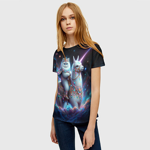 Женская футболка Персидский кот верхом на альпаке / 3D-принт – фото 3