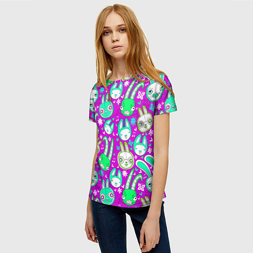 Женская футболка Разноцветные зайцы / 3D-принт – фото 3