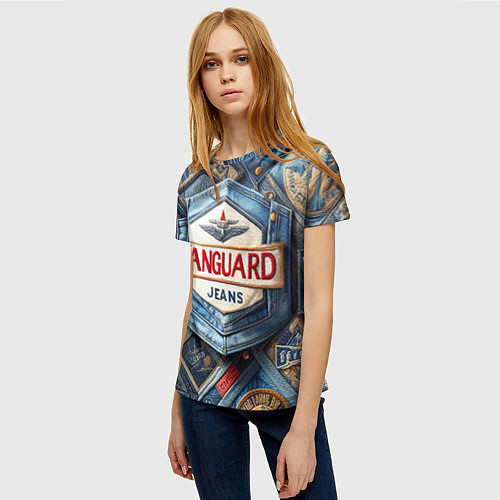 Женская футболка Vanguard denim patchwork - ai art / 3D-принт – фото 3