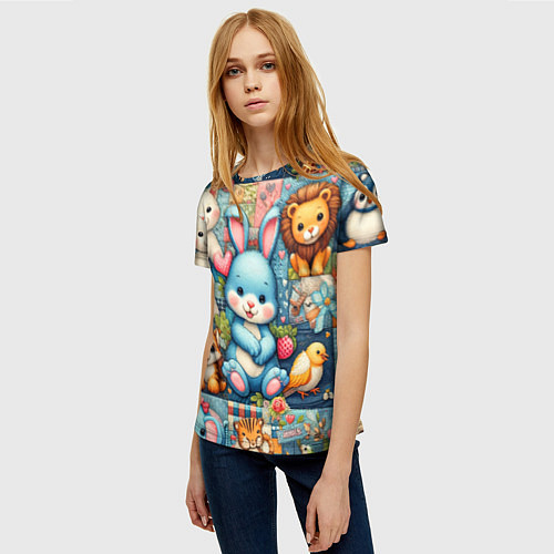 Женская футболка Funny hare and his friends - patchwork / 3D-принт – фото 3