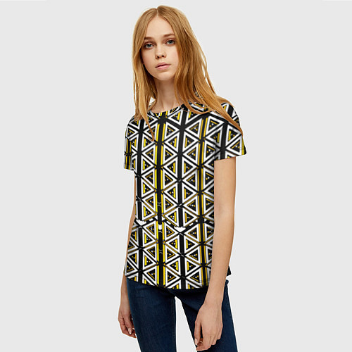 Женская футболка Жёлто-белые треугольники на чёрном фоне / 3D-принт – фото 3