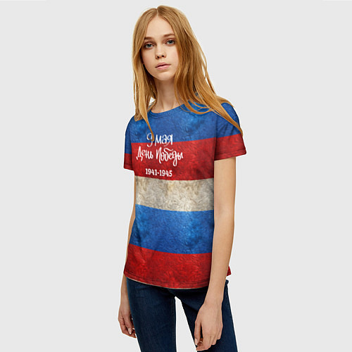Женская футболка 9 мая День Победы на фоне флага России / 3D-принт – фото 3