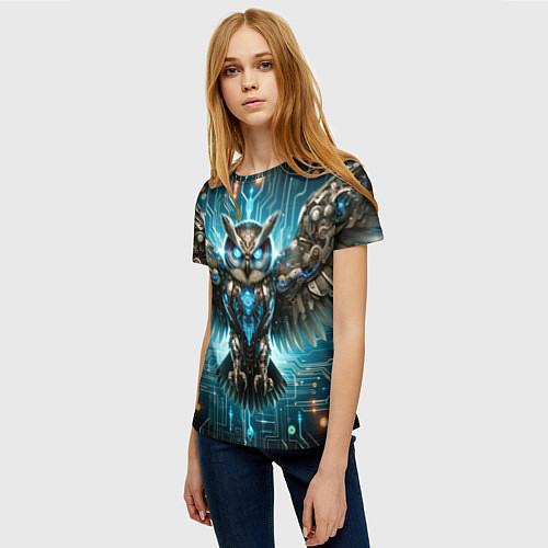 Женская футболка Величественная кибернетическая сова на фоне футури / 3D-принт – фото 3
