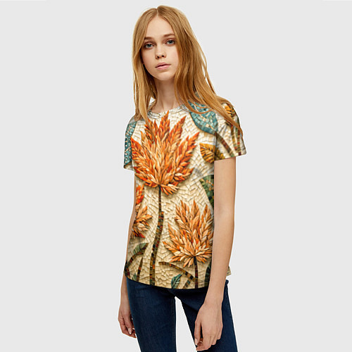 Женская футболка Мозаика осенняя листва в теплых тонах / 3D-принт – фото 3