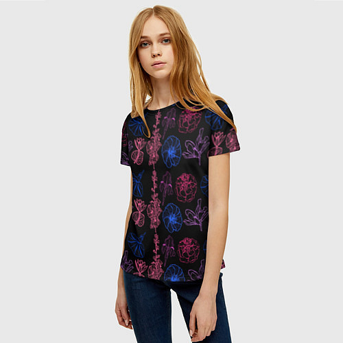 Женская футболка Неоновые разноцветные цветы / 3D-принт – фото 3