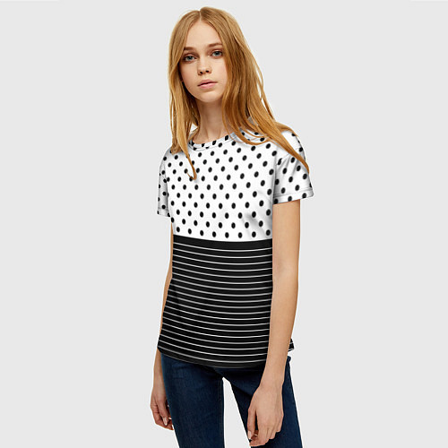 Женская футболка Белый в чёрный горошек с полосами / 3D-принт – фото 3