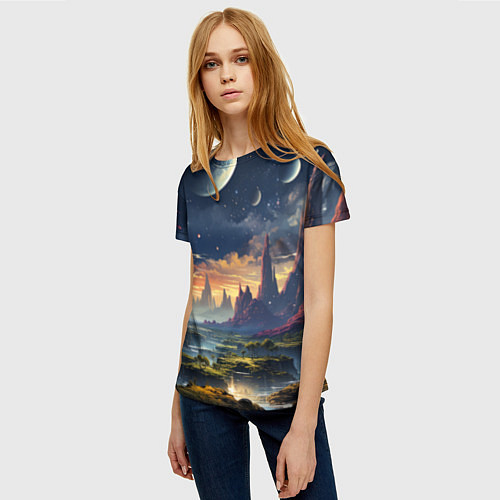 Женская футболка Космический фантазийный мир на другой планете / 3D-принт – фото 3