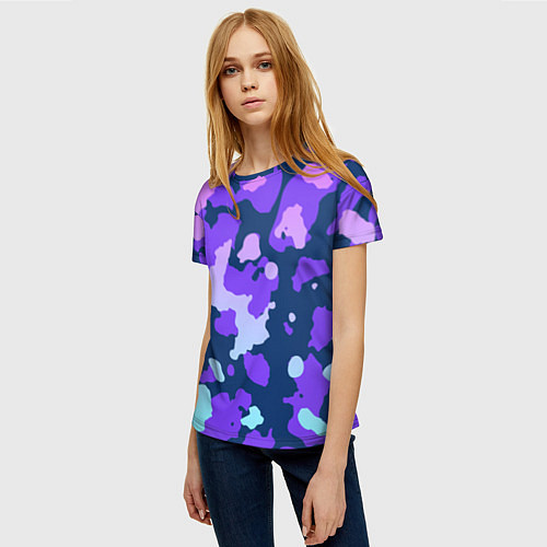 Женская футболка Паттерн с розовыми фиолетовыми и голубыми пятнами / 3D-принт – фото 3