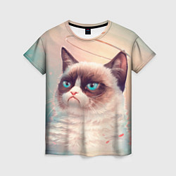 Футболка женская Мемный кот Grumpy Cat с нимбом, цвет: 3D-принт