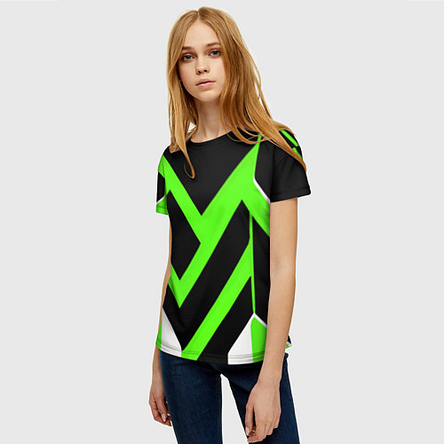 Женская футболка Зелёно-белые полосы и чёрный фон / 3D-принт – фото 3