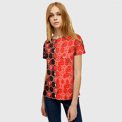 Женская футболка Техно-киберпанк шестиугольники красный и чёрный / 3D-принт – фото 3