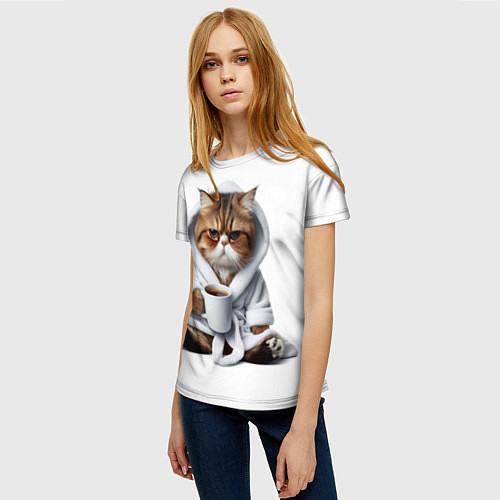 Женская футболка Котик в халате и кофе / 3D-принт – фото 3