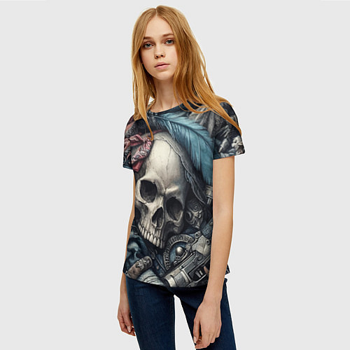 Женская футболка Коллаж винтажный с черепом - нейроарт / 3D-принт – фото 3